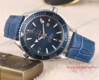 Copy Omega Seamaster Planet Ocean 600m Watch SS Blue Bezel Leather